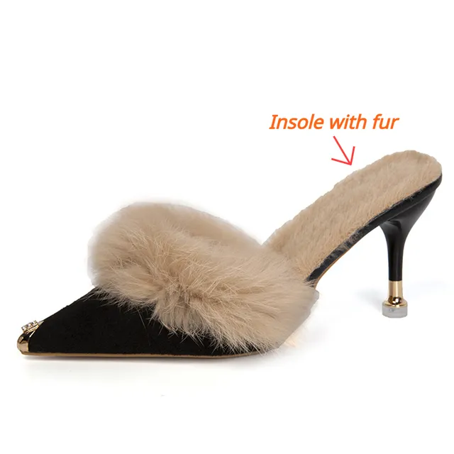 Women High Heel Shoes Fur Slippers Mules Pointed Toe Furry Slides Elegant Luxury Designer Flip Flops Office Pumps image 6