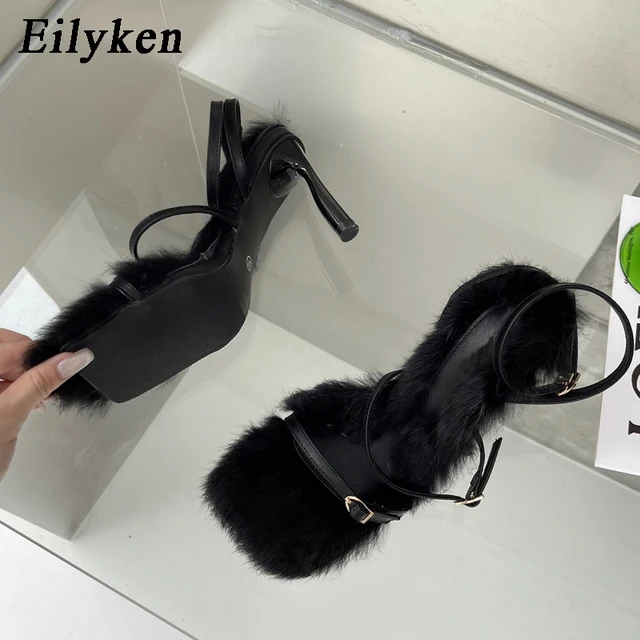 Brand Plush Fur Fuzzy Sandals Women Thin Heels Square Toe Ankle Lace Up Buckle Strap Slides Shoes image 3