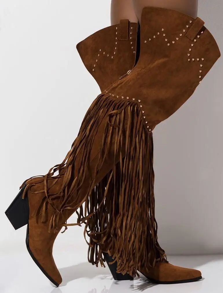 Brown Western Cowboy boots Women Fashion Winter Chunky Heels Overknee Thigh High Boots Pointed Toe