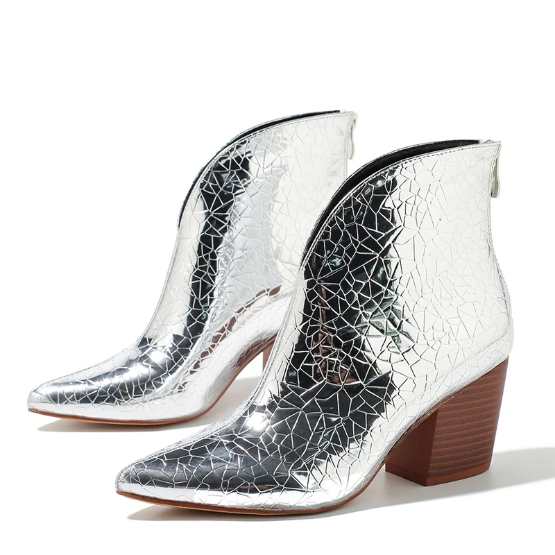 Eilyken Gold Silver Ankle Boots Women Zipper Pointed Toe Square Low Heels Autumn Winter Shoes Chunky