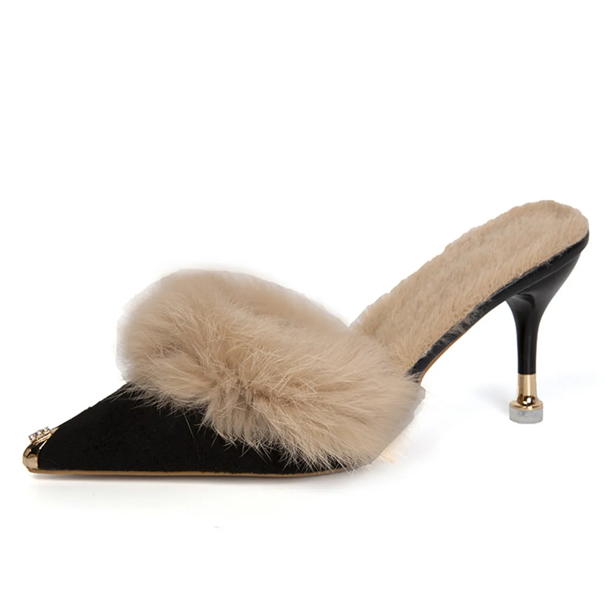 Women High Heel Shoes Fur Slippers Mules Pointed Toe Furry Slides Elegant Luxury Designer Flip Flops Office Pumps