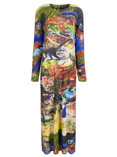 Miyake Pleated Printed Long Sleeve Dress Women Fashion Autumn Winter New Original Designer Vintage