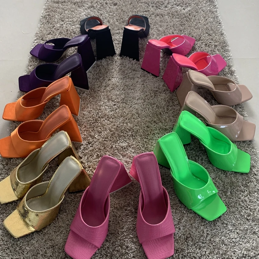 Women's Gold Leather Slipper Shoes Woman High Heels Summer Peep Toe Slippers Women Party Sandal Shoe Dress Slides image 5