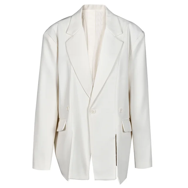 Beige Hem Slit Big Size Blazer Women New Lapel Long Sleeve Loose Fit Jacket Fashion Tide Spring