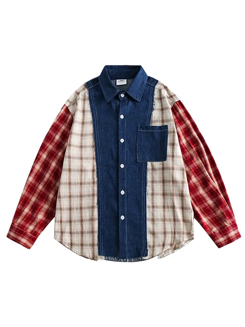 Women's Shirt Loose Plaid Single Breasted Pocket Patchwork Denim Single Breasted Blouse Autumn New