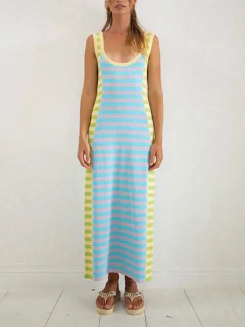 Casual Striped Patchwork Sleeveless Knitted Dress Female Fashion U-neck Backless Long Dresses Women