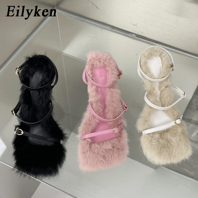 Brand Plush Fur Fuzzy Sandals Women Thin Heels Square Toe Ankle Lace Up Buckle Strap Slides Shoes image 5