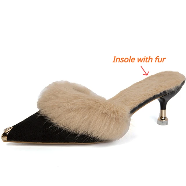 Women High Heel Shoes Fur Slippers Mules Pointed Toe Furry Slides Elegant Luxury Designer Flip Flops Office Pumps