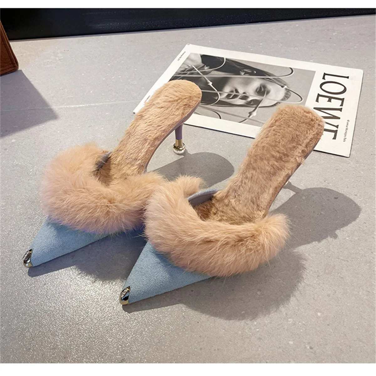 Women High Heel Shoes Fur Slippers Mules Pointed Toe Furry Slides Elegant Luxury Designer Flip Flops Office Pumps image 10