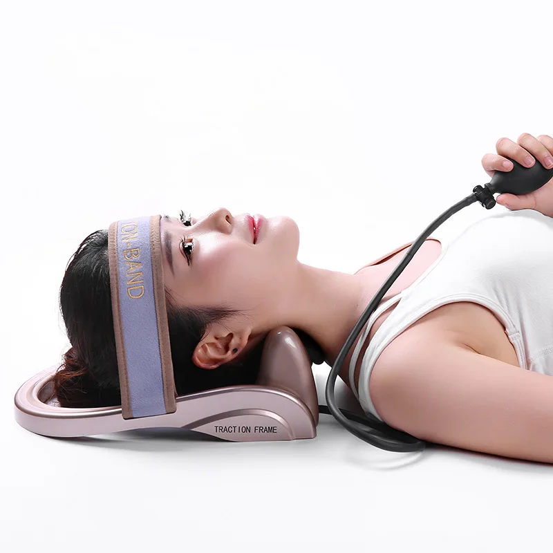 Woman using cervical traction device in relaxed reclined position with controller in hand