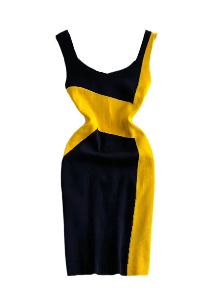 Sweet Style Contrast Color V-neck Knitted Hip Warp High Waist Contrast Color Women's Dress Summer