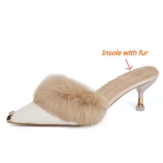 Women High Heel Shoes Fur Slippers Mules Pointed Toe Furry Slides Elegant Luxury Designer Flip Flops Office Pumps image 7
