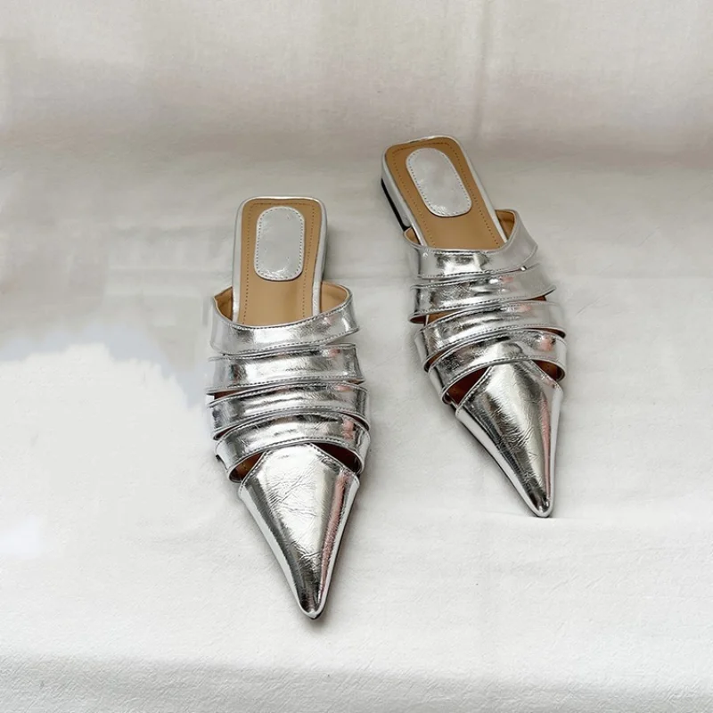 Pointed Toe Women Slides Slippers Black Gold Silver White Casual Outside Flat Slippers Hollow Dress Shoes Summer Slip On Pumps