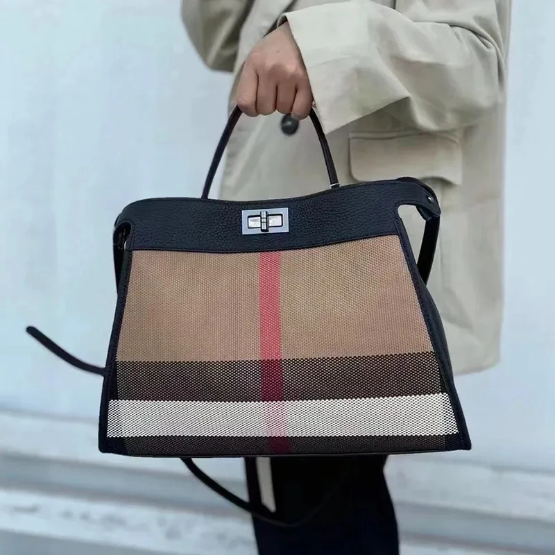 Striped Canvas Leather Womens Bag Female HandBags Shoulder Women Bags Casual Totes Sac Main Femme