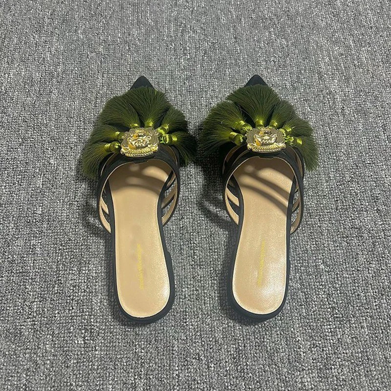 Sexy Pointed Toe Tassel Slingback Women Slippers Autumn 2023 Designer Fad Dress Flip Flop Mules Party Low Heels Sandals Slides image 5