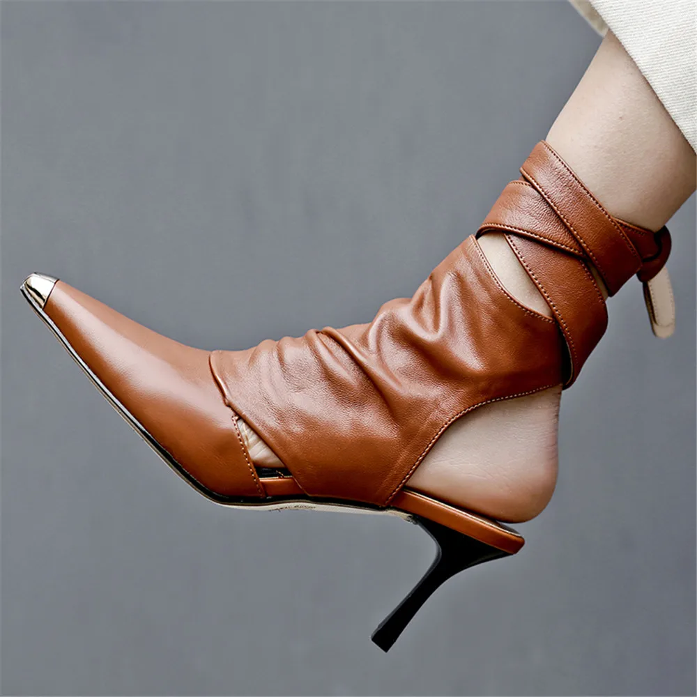Summer Shoes Sheepskin 34-42 Women Sandals Thin High Heel 7.5 CM Lace Up Metal Pointed Toe image 5