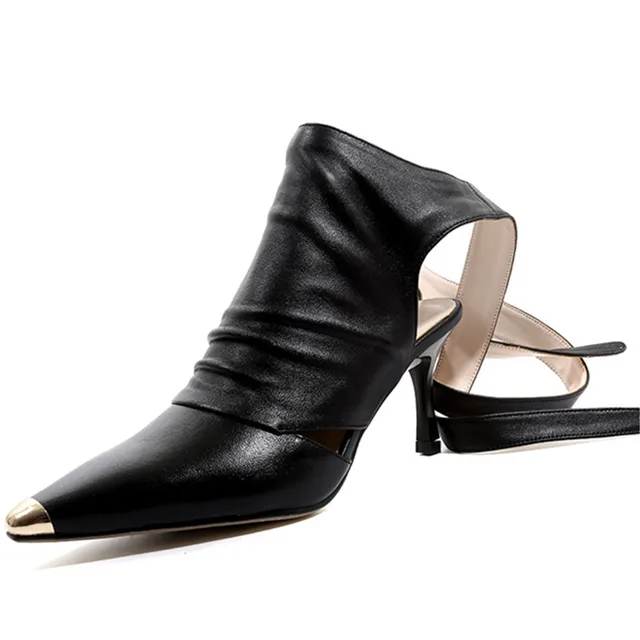 Summer Shoes Sheepskin 34-42 Women Sandals Thin High Heel 7.5 CM Lace Up Metal Pointed Toe image 3