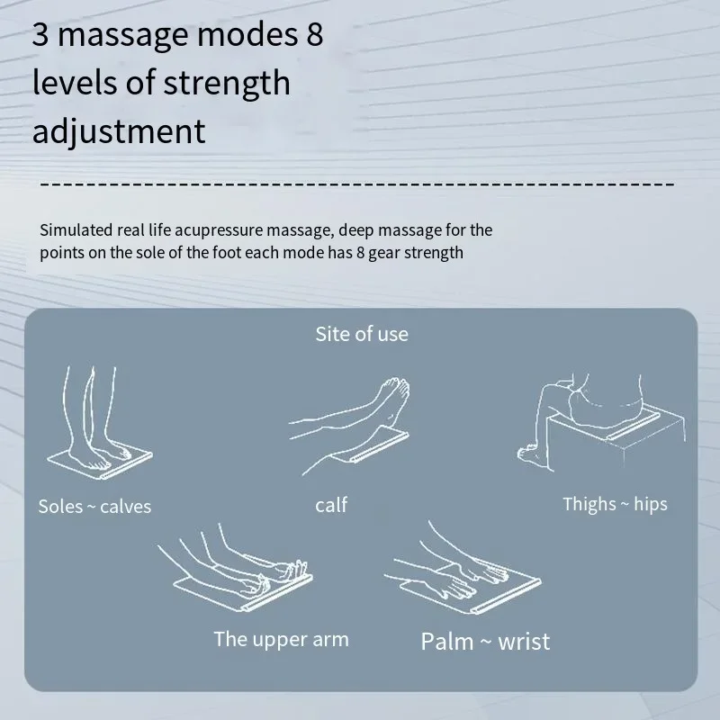 Text overlay describing 3 massage modes, 8 strength levels, acupressure simulation