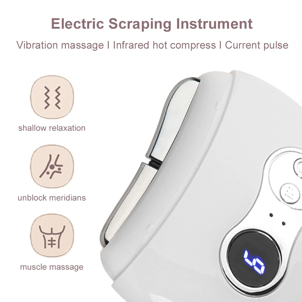 White electric gua sha device with blue LED display on light birch plywood, minimalist composition with succulent