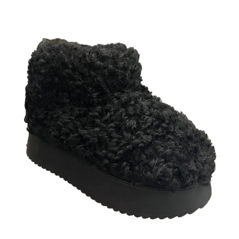 Leather Fur Integrated Thick Sole Plush Short Tube Snow Boots for Women's Winter Plush Teddy Curly
