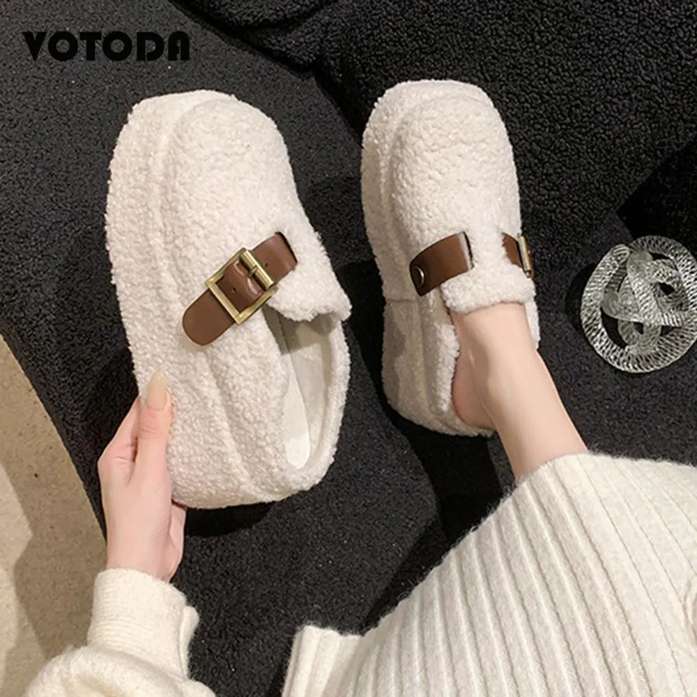 Women Wedge Heel Lambswool Slippers Casual Thick Sole Outdoor Mules Warm Plush Women Cotton Shoes High Heels Slides