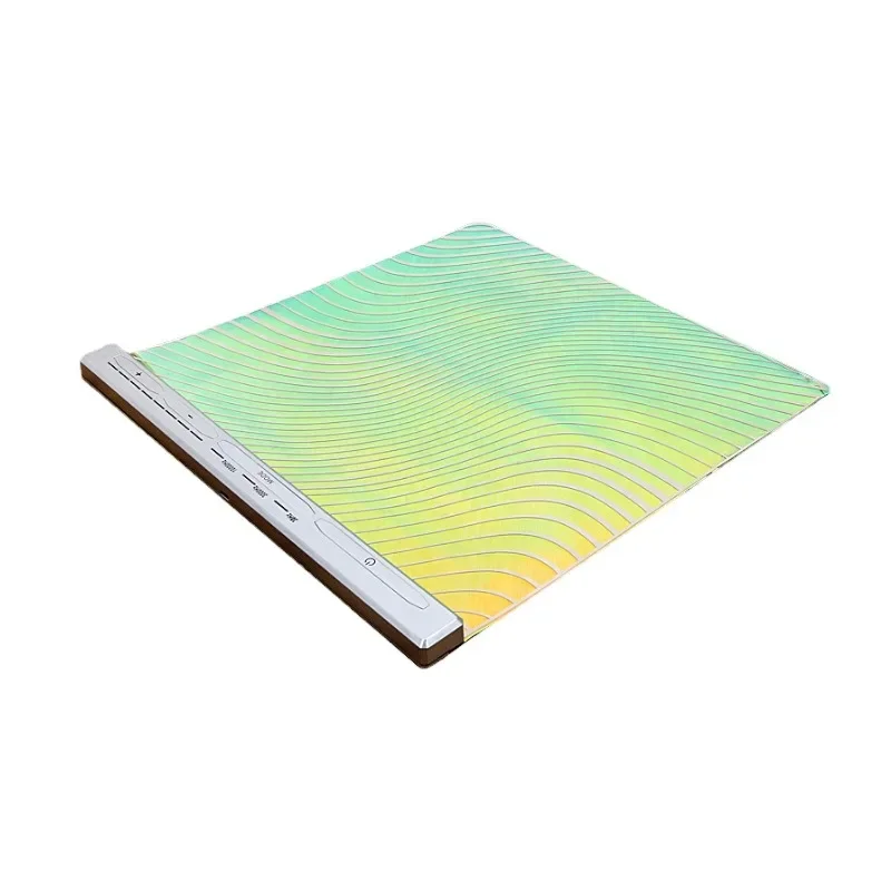 Mint-to-yellow gradient foot massage pad with wavy line pattern, white control panel on side, isometric 3D view