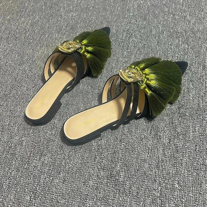 Sexy Pointed Toe Tassel Slingback Women Slippers Autumn 2023 Designer Fad Dress Flip Flop Mules Party Low Heels Sandals Slides image 7