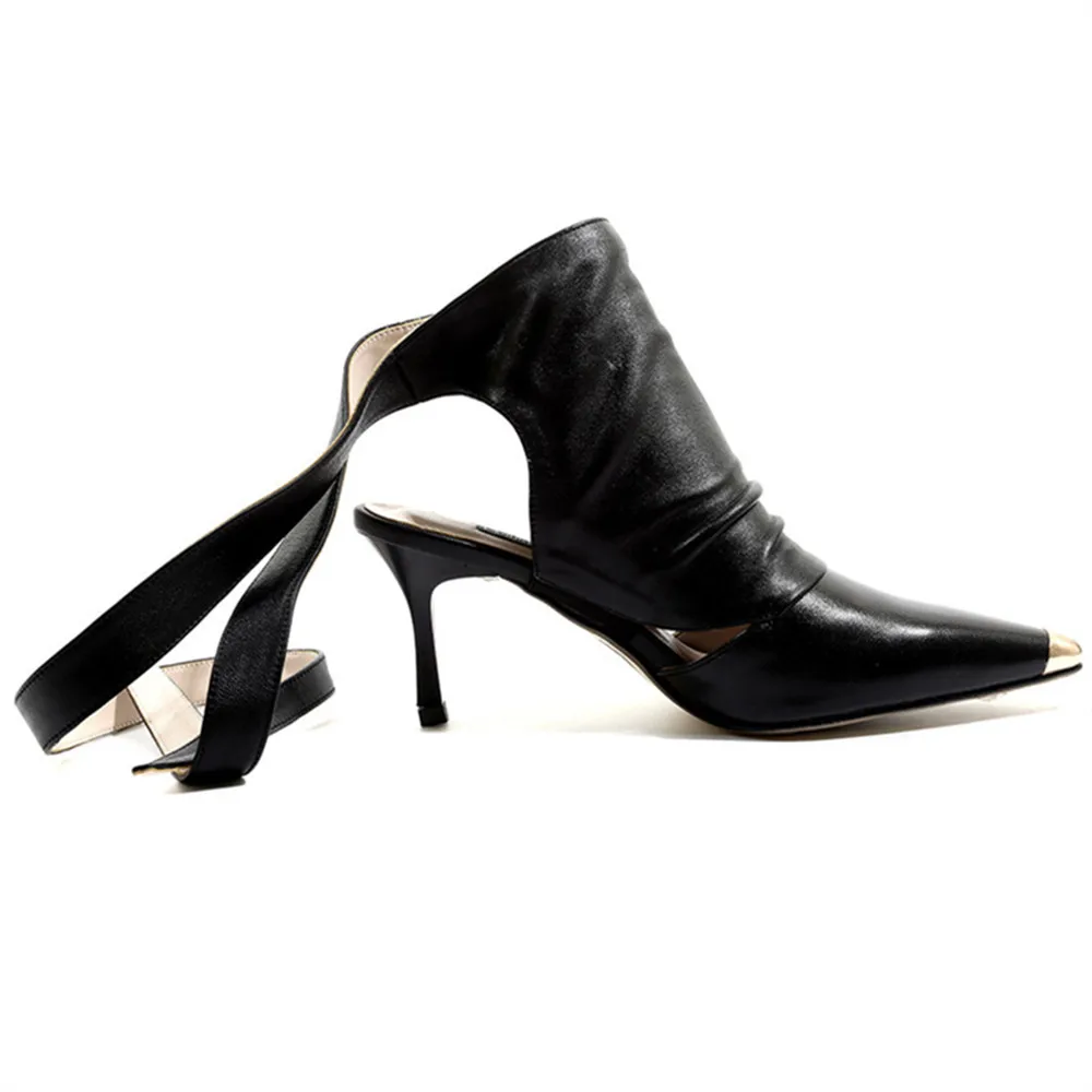 Summer Shoes Sheepskin 34-42 Women Sandals Thin High Heel 7.5 CM Lace Up Metal Pointed Toe image 7