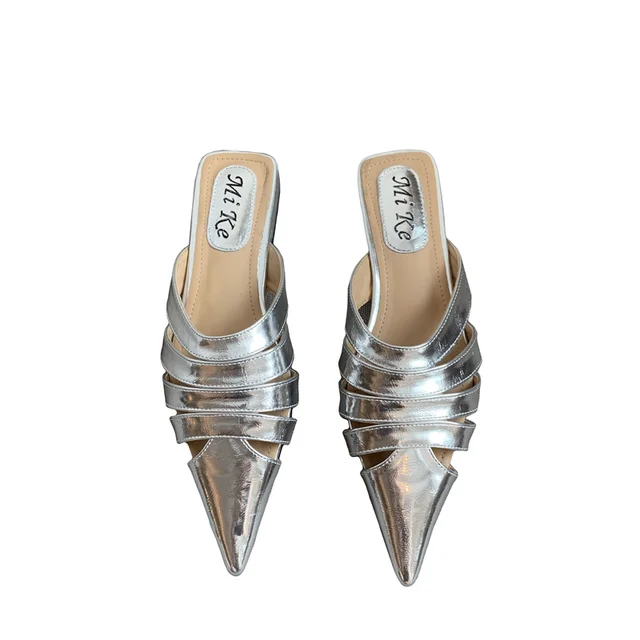 Pointed Toe Women Slides Slippers Black Gold Silver White Casual Outside Flat Slippers Hollow Dress Shoes Summer Slip On Pumps