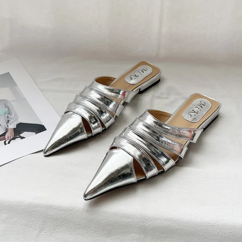 Pointed Toe Women Slides Slippers Black Gold Silver White Casual Outside Flat Slippers Hollow Dress Shoes Summer Slip On Pumps image 5