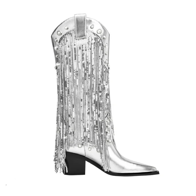 Silver Sequin Chelsea Boots Pointed 10cm/7cm Slope Heel Tassel Boots Internet Celebrity Estate