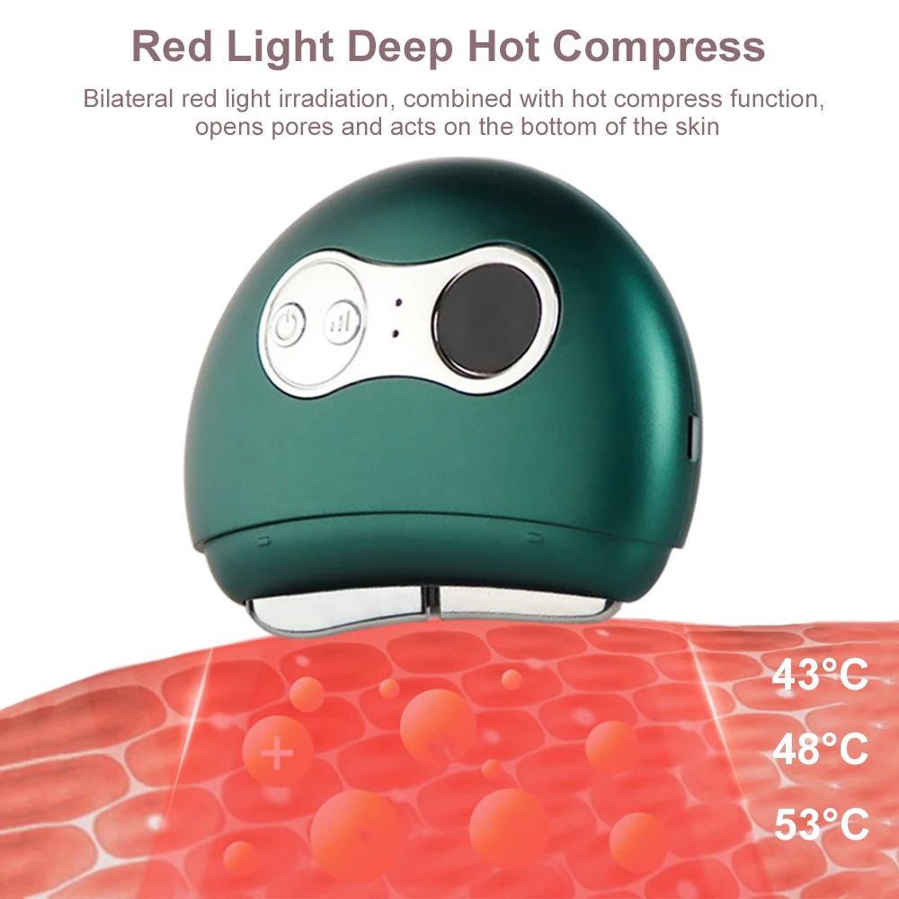 Teal-colored device on skin cross-section illustration showing red light penetration at three temperature settings with cellular activation visualization