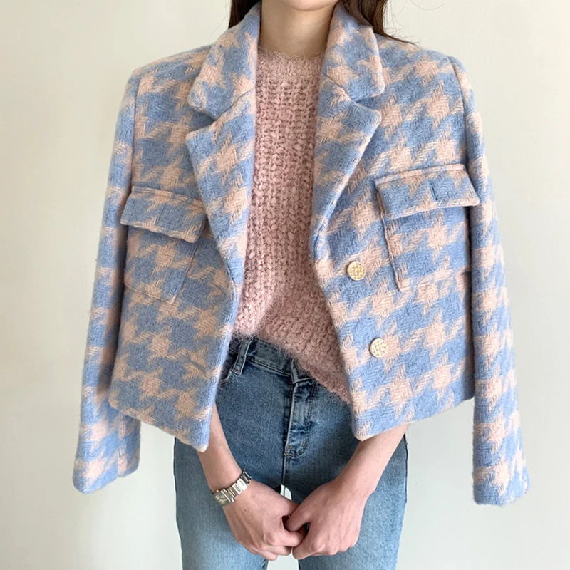 Plaid Blazer Jacket Women Autumn Winter Thick Warm Fashion Single Breasted Lapel Suit Jacket Ladies