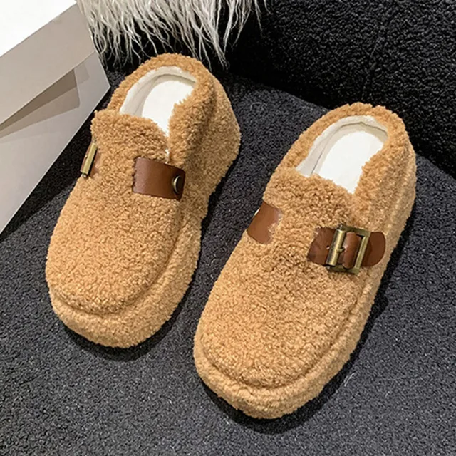Women Wedge Heel Lambswool Slippers Casual Thick Sole Outdoor Mules Warm Plush Women Cotton Shoes High Heels Slides