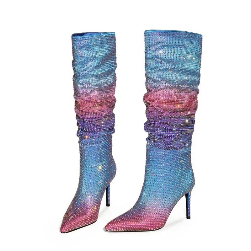 European and American Women's Gradient Rhinestone Boots, Fashionable Pleated Sleeve Boots, Slim High
