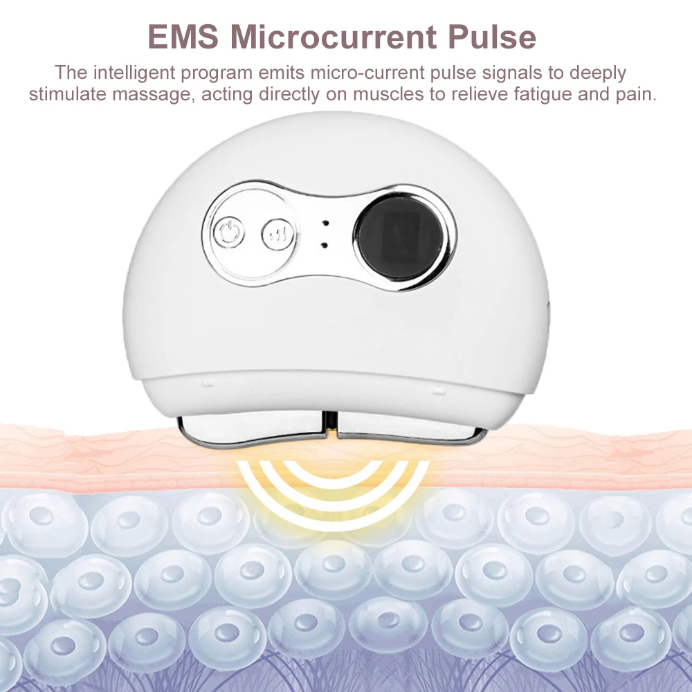 Anatomical diagram showing EMS microcurrent penetration layers through skin cross-section with yellow pulse waves