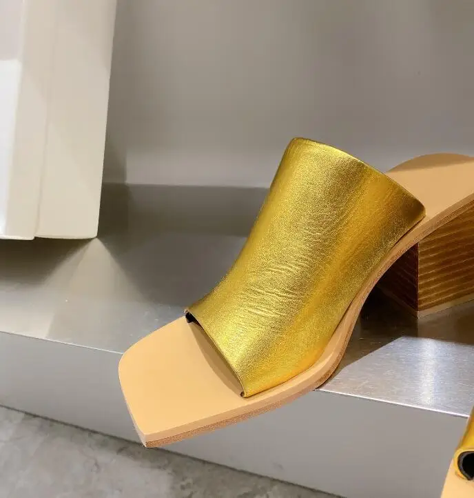 Simple Style Vintage Women Slides Squared Toe Chunky High Heel Slides Mules Luxury Leather Party Runway Shoes Daily Sapato Mujer