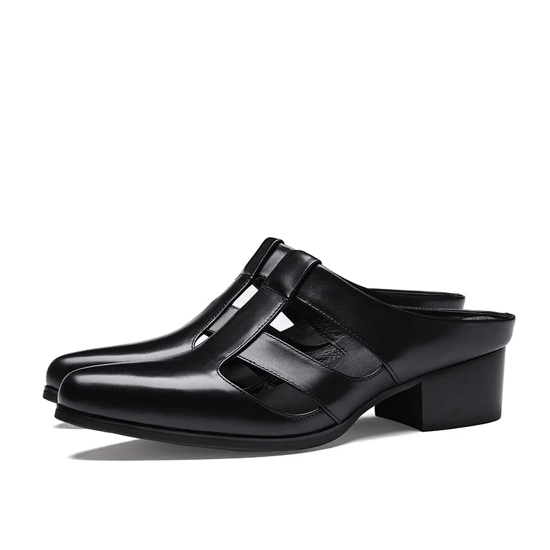 5cm High Heels Mens Leather Half Shoes Luxury Genuine Leather Hollow Rome Style Man Business Sandals Shoes with Height