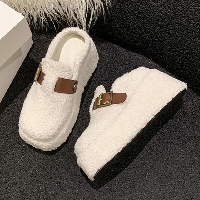 Women Wedge Heel Lambswool Slippers Casual Thick Sole Outdoor Mules Warm Plush Women Cotton Shoes High Heels Slides image 4