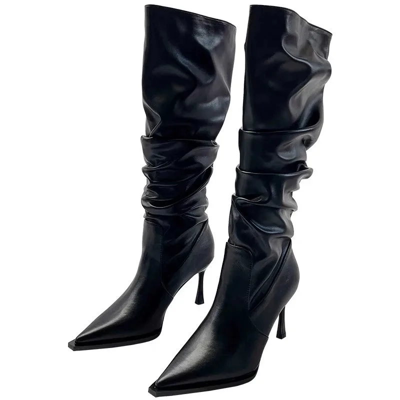 Pointed Toe Pleated Slip-On Knee-High Boots Stiletto Black Long Botines White High Heel Knight Botas