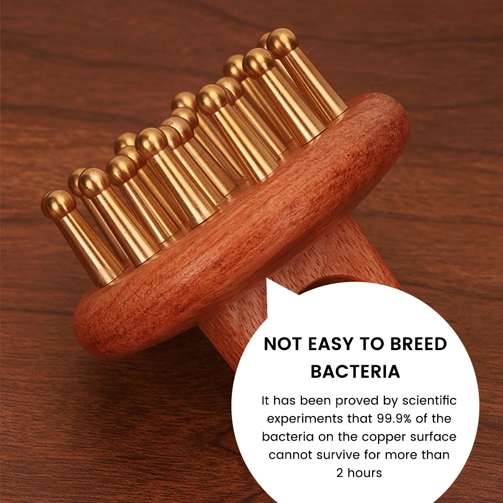 Close‑up of copper‑brass massage comb prongs with scientific callout confirming 99.9% bacteria elimination