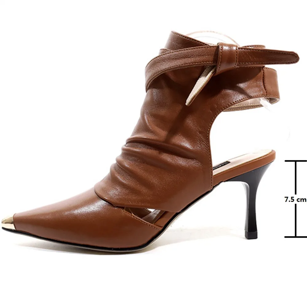 Summer Shoes Sheepskin 34-42 Women Sandals Thin High Heel 7.5 CM Lace Up Metal Pointed Toe