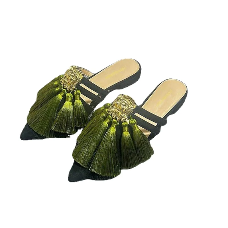 Sexy Pointed Toe Tassel Slingback Women Slippers Autumn 2023 Designer Fad Dress Flip Flop Mules Party Low Heels Sandals Slides image 3