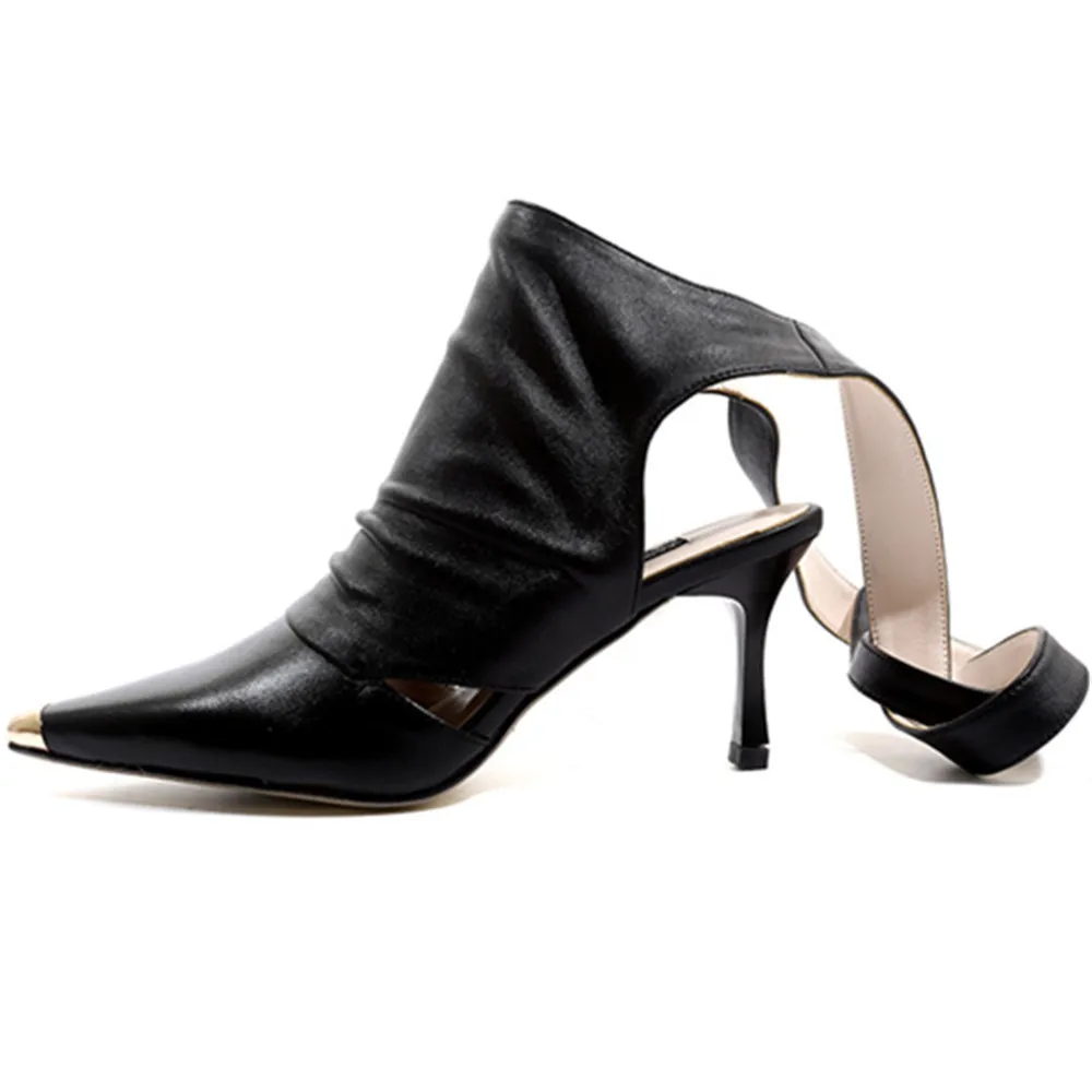 Summer Shoes Sheepskin 34-42 Women Sandals Thin High Heel 7.5 CM Lace Up Metal Pointed Toe image 8