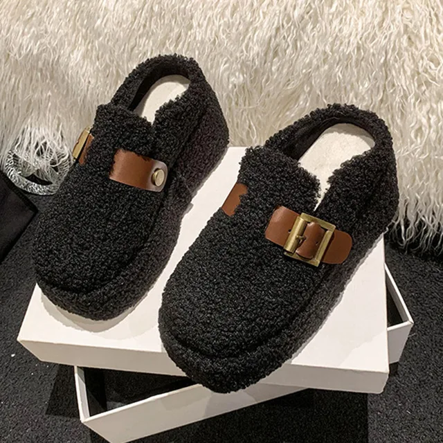 Women Wedge Heel Lambswool Slippers Casual Thick Sole Outdoor Mules Warm Plush Women Cotton Shoes High Heels Slides image 3