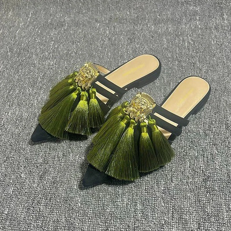 Sexy Pointed Toe Tassel Slingback Women Slippers Autumn 2023 Designer Fad Dress Flip Flop Mules Party Low Heels Sandals Slides image 6