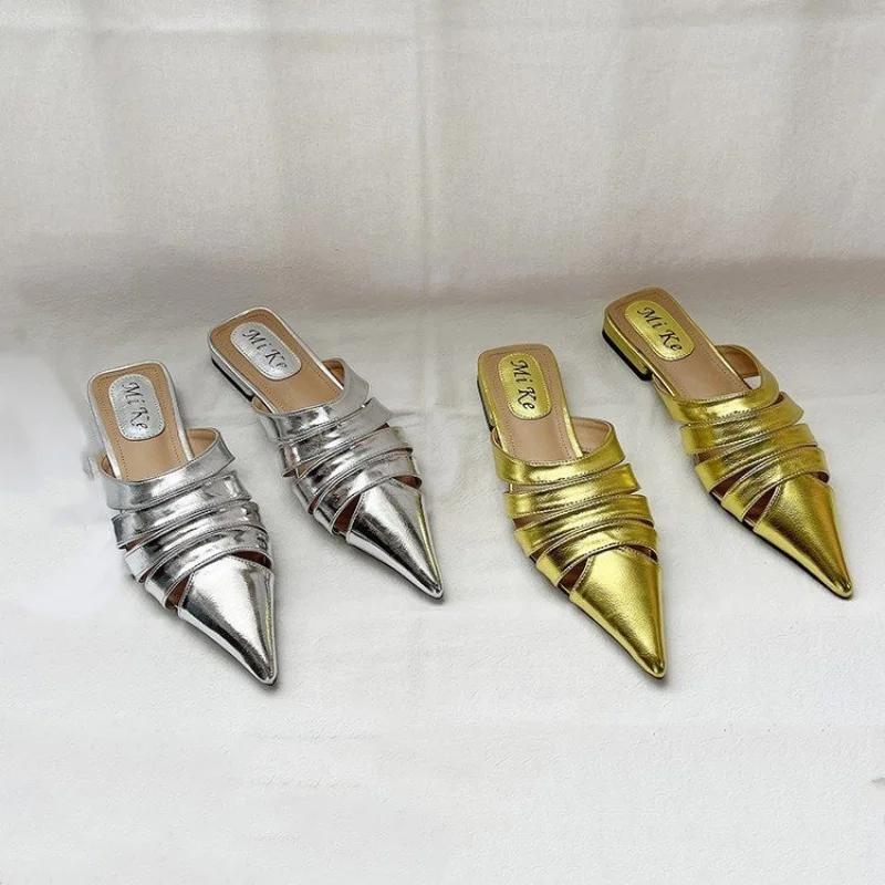 Pointed Toe Women Slides Slippers Black Gold Silver White Casual Outside Flat Slippers Hollow Dress Shoes Summer Slip On Pumps image 8