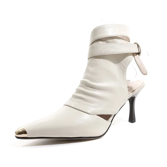 Summer Shoes Sheepskin 34-42 Women Sandals Thin High Heel 7.5 CM Lace Up Metal Pointed Toe image 4