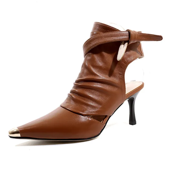 Summer Shoes Sheepskin 34-42 Women Sandals Thin High Heel 7.5 CM Lace Up Metal Pointed Toe