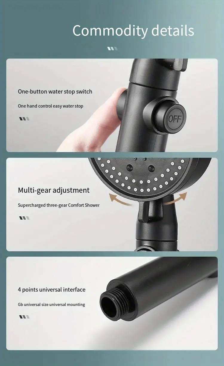 1pc high pressure shower head multi functional hand held sprinkler with 5 modes 360 adjustable detachable hydro jet shower head with pause switch all round filter bathroom accessories 9 8 3 5inch details 8